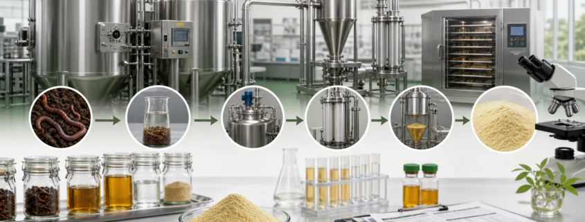 Lumbrokinase manufacturing overview with enzyme powder production and quality control workflow