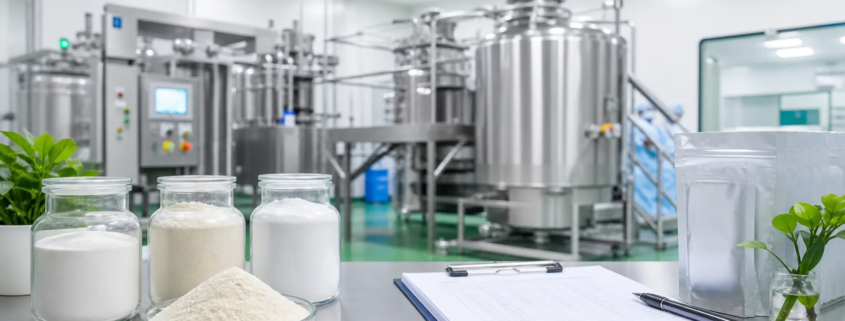 Lumbrokinase powder production facility with clean equipment, sample jars, and batch documentation for B2B buyers