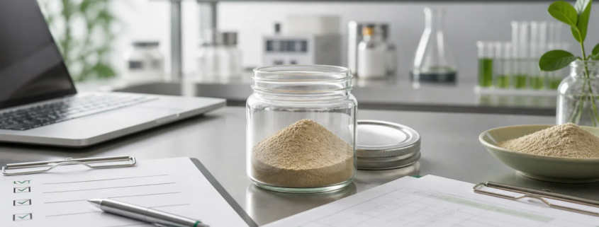 Earthworm peptide powder sample with B2B project checklist and clean laboratory sourcing documents