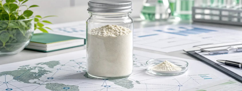 Lumbrokinase powder sample on global sourcing documents for international B2B ingredient buyers