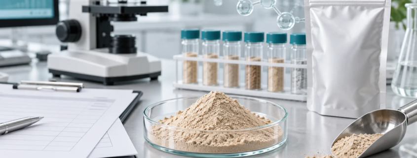 Earthworm protein powder with lab review documents, molecular diagram notes, and quality control checklist