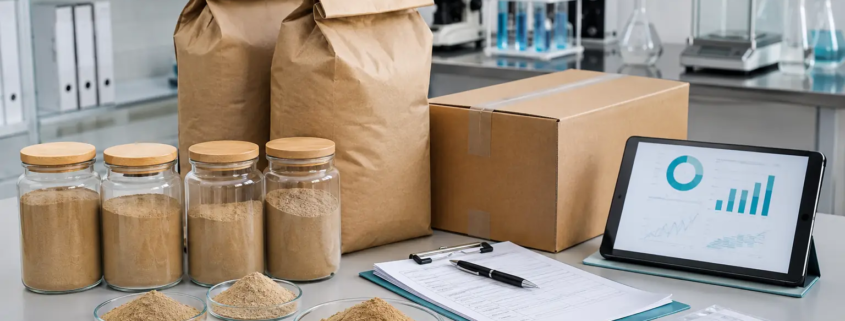 Bulk earthworm protein powder samples with supplier documents, packaging, and B2B sourcing checklist