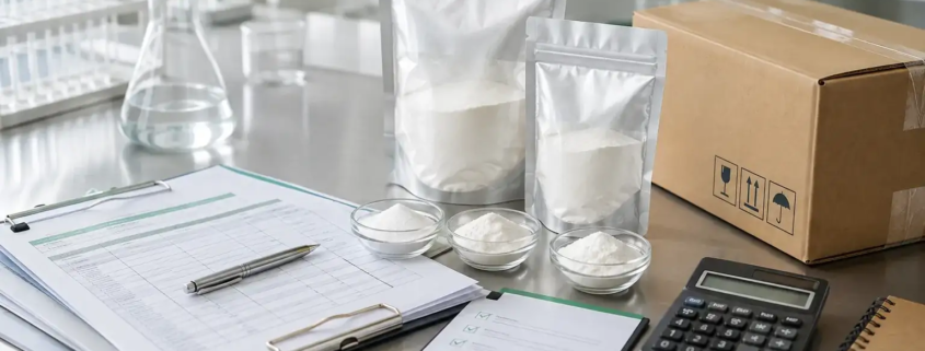 Bulk lumbrokinase powder price inquiry with sample pouches, quotation sheet, calculator, and supplier documents