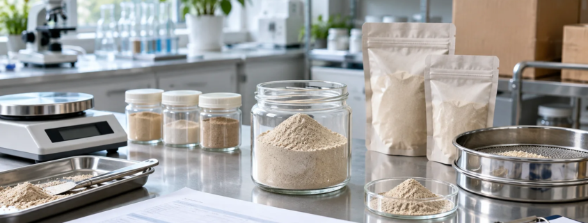 Earthworm protein powder sample with scale, sieve tray, supplier documents, sample pouches, and bulk cartons