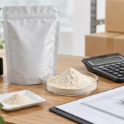 Earthworm peptide powder sample with blank bulk quotation sheet, calculator, supplier document folder, and export cartons