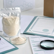 Earthworm peptide powder sample with COA, specification, MSDS, batch label, and quality document checklist
