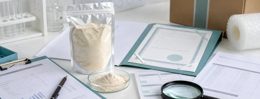 Earthworm peptide powder sample with COA, specification, MSDS, batch label, and quality document checklist