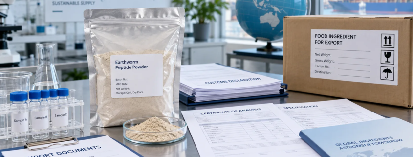 Earthworm peptide powder with export documents, COA, specification sheet, customs paperwork, and shipping carton