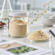 Earthworm peptide powder sample with quality checklist, specification documents, and peptide-chain laboratory visual