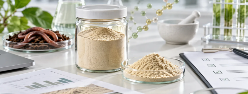 Earthworm peptide powder sample with quality checklist, specification documents, and peptide-chain laboratory visual