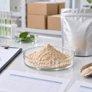 Earthworm peptide powder sample with blank specification sheets, test tubes, sealed pouch, scoop, and quality review documents