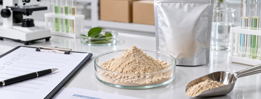 Earthworm peptide powder sample with blank specification sheets, test tubes, sealed pouch, scoop, and quality review documents