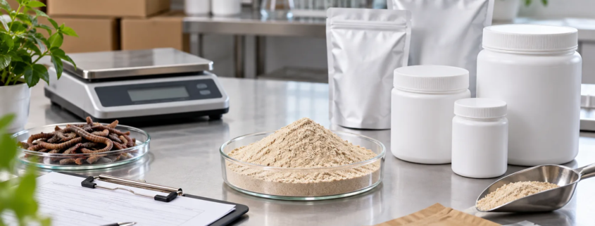 Earthworm peptide powder sample with blank OEM packaging, sample pouches, supplier documents, scale, and bulk cartons