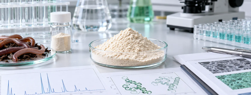 Earthworm peptide powder sample with laboratory research documents, peptide profile charts, and quality review materials