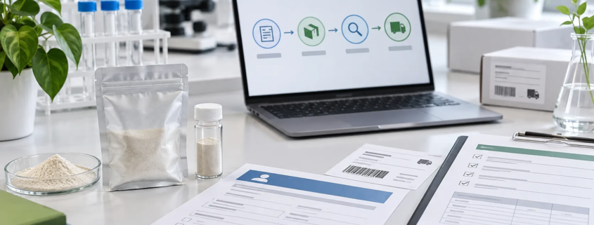 Earthworm peptide powder sample with request form, COA checklist, specification notes, and shipping workflow