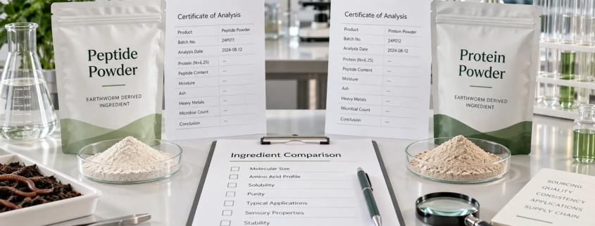 Earthworm peptide powder and earthworm protein powder samples with COA sheets and ingredient comparison checklist