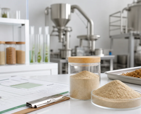 Earthworm protein powder manufacturing process with clean production equipment, sample jars, and quality documents