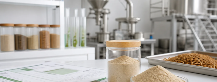 Earthworm protein powder manufacturing process with clean production equipment, sample jars, and quality documents