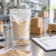 Earthworm protein powder sample with scale, cartons, pallet planning, and procurement documents for MOQ review