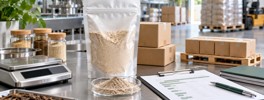 Earthworm protein powder sample with scale, cartons, pallet planning, and procurement documents for MOQ review
