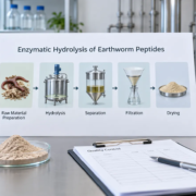 Earthworm peptide powder with laboratory hydrolysis process flow sheet, filtration setup, and quality control documents