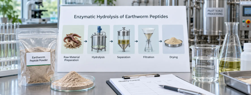Earthworm peptide powder with laboratory hydrolysis process flow sheet, filtration setup, and quality control documents