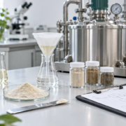 Earthworm peptide production setup with powder sample, filtration tools, quality documents, and stainless processing equipment