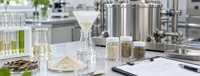 Earthworm peptide production setup with powder sample, filtration tools, quality documents, and stainless processing equipment