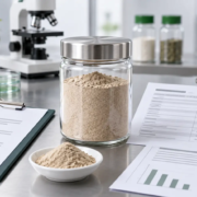 Earthworm protein powder sample with safety checklist, COA documents, and laboratory quality review setup