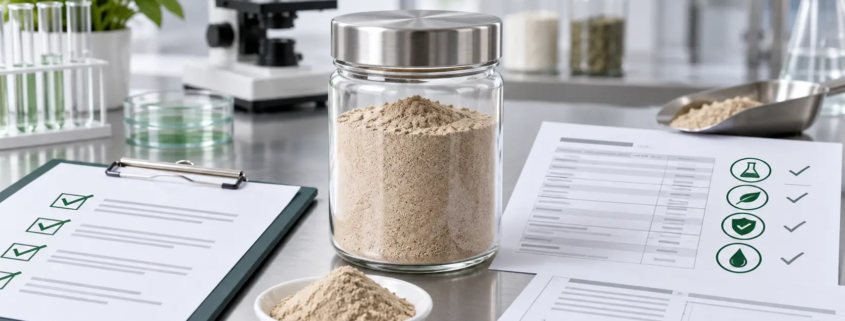 Earthworm protein powder sample with safety checklist, COA documents, and laboratory quality review setup