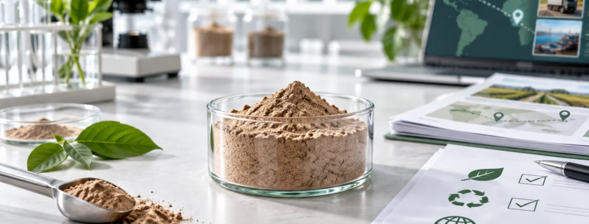 Earthworm protein powder sample with sustainability review documents, quality checklist, and supply chain visual