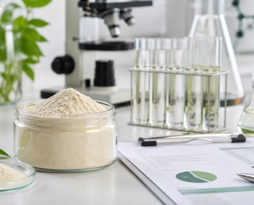 Lumbrokinase powder natural enzyme ingredient sample with laboratory testing glassware and quality documents