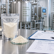 Lumbrokinase Manufacturing Process: What B2B Buyers Should Review featured image Lumbrokinase powder sample with manufacturing process equipment, batch record, and quality control documents