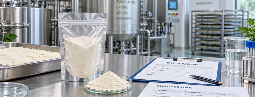 Lumbrokinase powder sample with manufacturing process equipment, batch record, and quality control documents