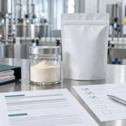 Lumbrokinase powder sample and blank packaging with manufacturing documents and quality review checklist
