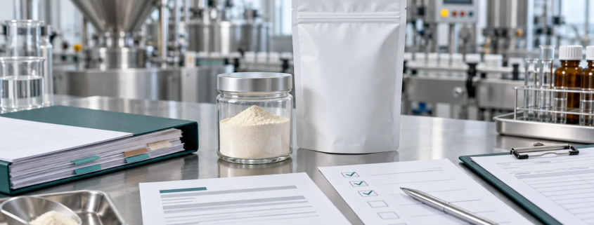 Lumbrokinase powder sample and blank packaging with manufacturing documents and quality review checklist