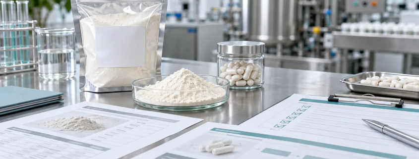 Lumbrokinase powder sample with OEM supplement manufacturing documents, quality checklist, and production planning materials