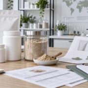 Private label earthworm protein powder setup with blank packaging, sample jar, specification sheets, and approval checklist