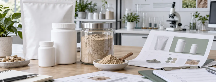 Private label earthworm protein powder setup with blank packaging, sample jar, specification sheets, and approval checklist