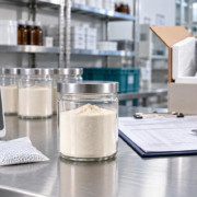 Lumbrokinase powder sample with thermometer, desiccant, storage documents, and insulated shipping materials