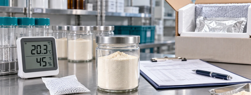 Lumbrokinase powder sample with thermometer, desiccant, storage documents, and insulated shipping materials