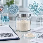 Lumbrokinase powder sample with enzyme activity review documents and fibrin network laboratory visualization