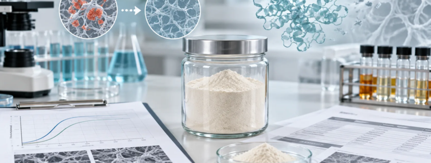 Lumbrokinase powder sample with enzyme activity review documents and fibrin network laboratory visualization