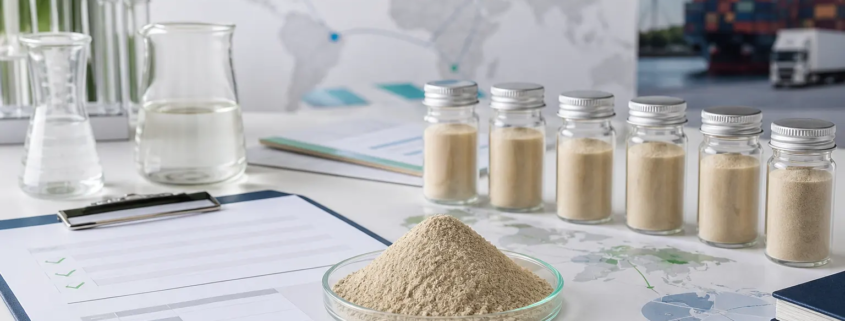 Earthworm peptide powder samples with global sourcing documents and B2B quality review charts