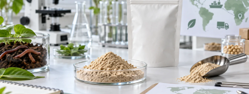 Earthworm protein powder sample with ingredient documents, sourcing notes, and supplement manufacturing materials