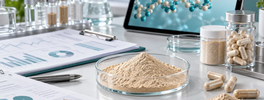 Earthworm peptide powder sample with formulation documents, quality files, and peptide-chain laboratory visual