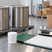 Conceptual bulk ingredient review workspace with closed stainless drums, opaque sample container, blank batch binder, digital balance, and protective packaging