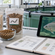 Conceptual aquafeed evaluation desk with sealed ingredient pouches, feed pellets, comparison notebook, and tilapia image on a tablet