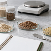 Conceptual protein formulation workspace with generic dry blend samples, sealed jars, precision balance, mixing vessel, spatula, and blank notebook