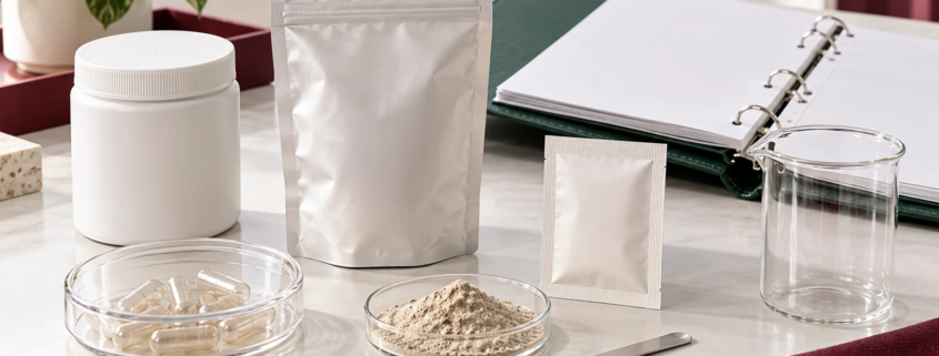 Conceptual formulation table with unbranded sample containers, pouch, capsule shells, powder dish, sachet mockup, mixing beaker, and blank project binder